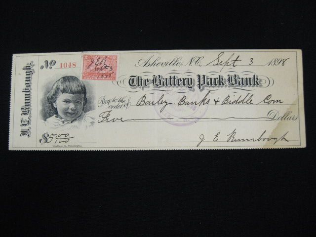 1898 Battery Park Bank Check with