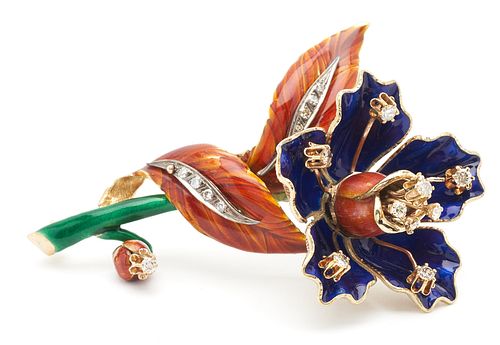 18K DIAMOND & ENAMEL FLOWER