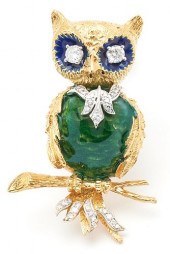 18K DIAMOND & ENAMEL OWL BROOC