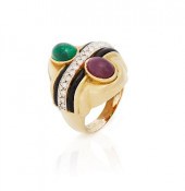 18K EMERALD, RUBY AND DIAMOND
