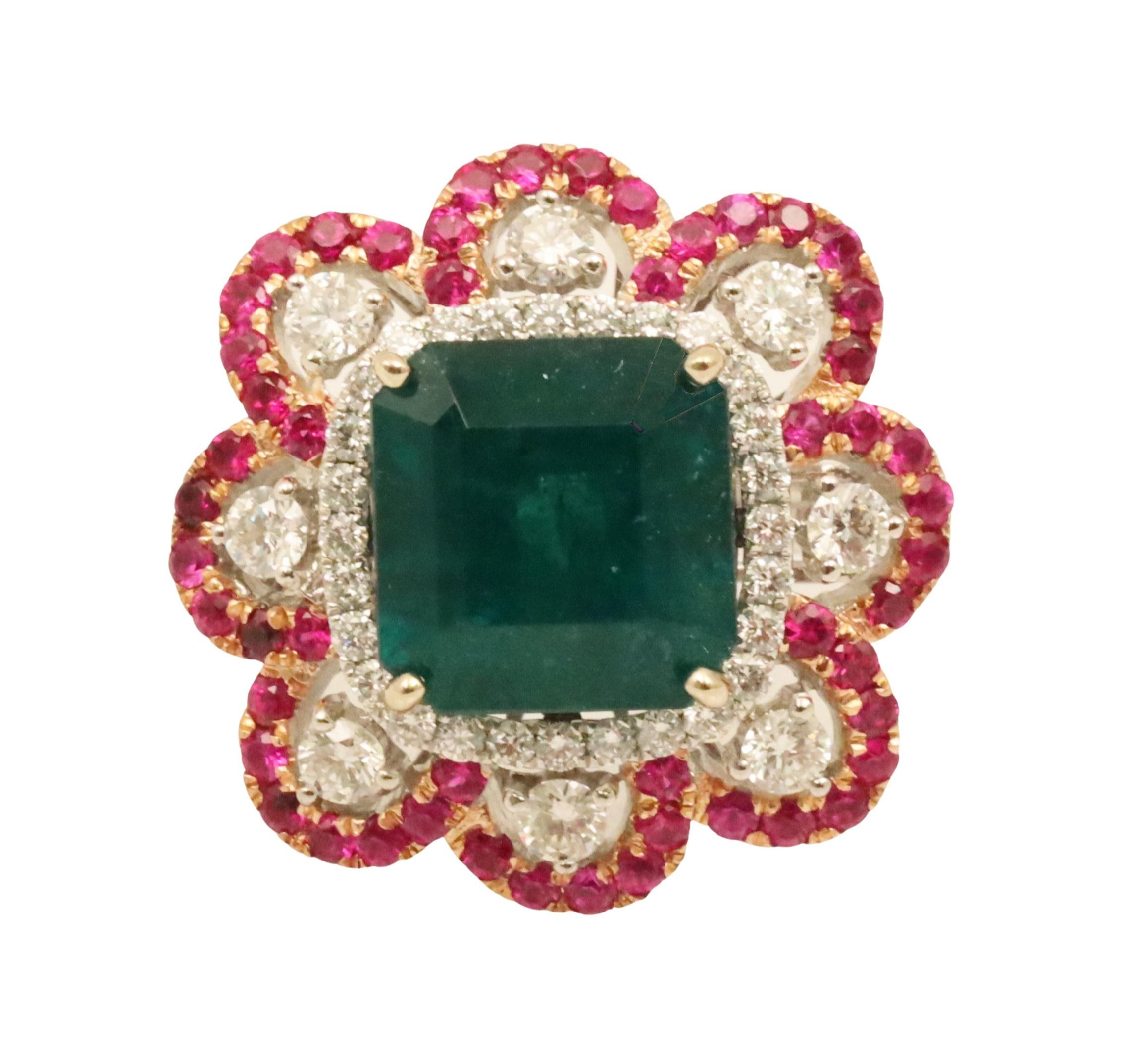 18K EMERALD, RUBY & DIA. RING W/GIA