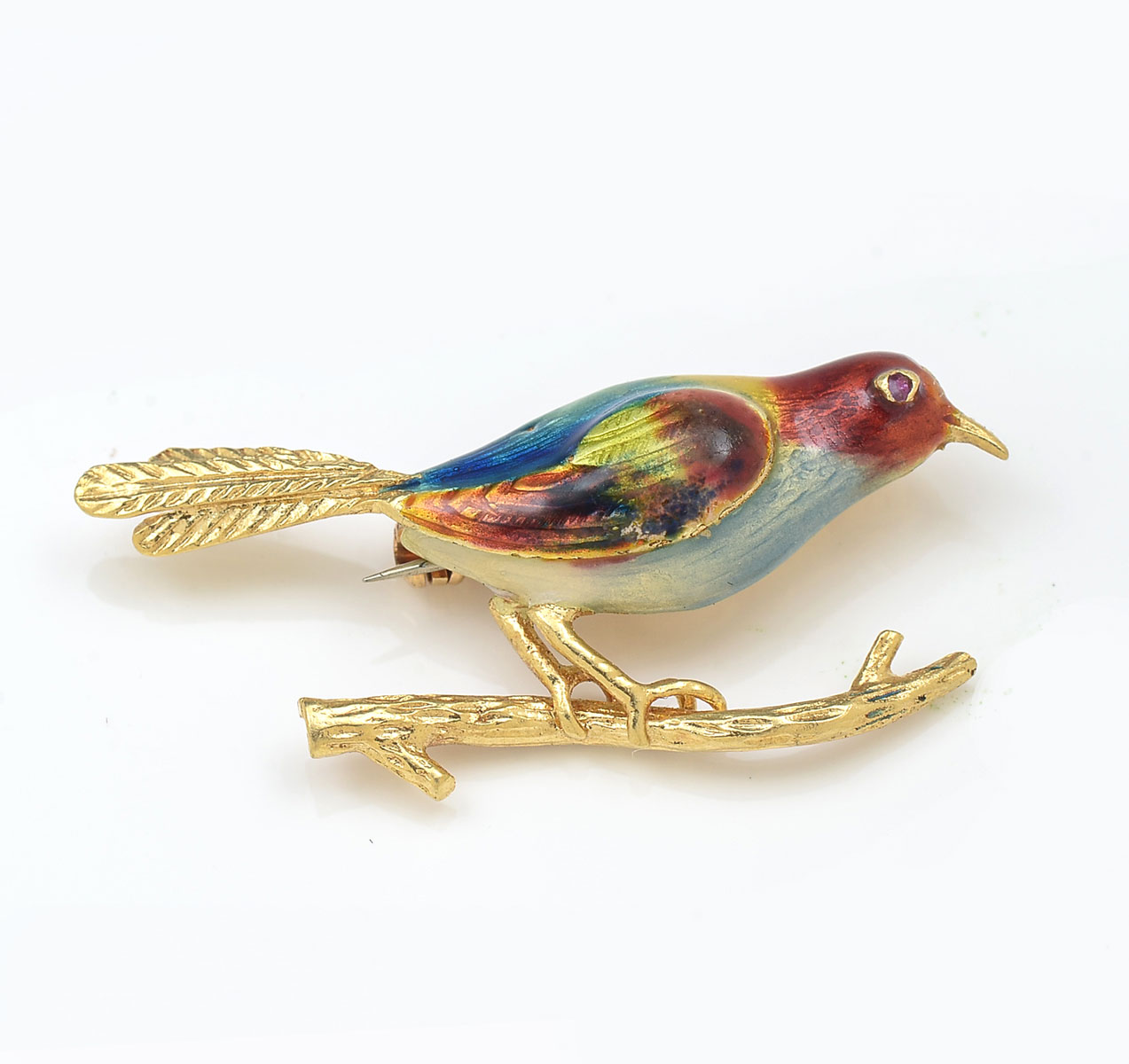 18K ENAMEL BIRD PIN: 18K yellow