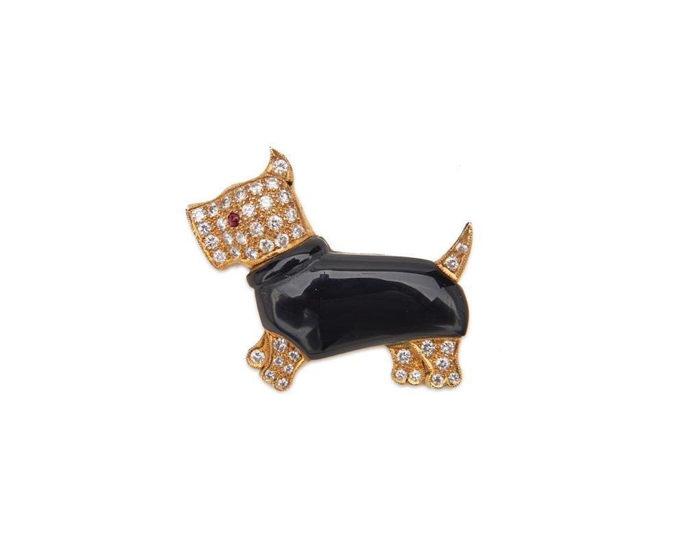 18K GOLD, DIAMOND, ONYX, AND RUBY