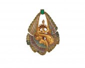 18K GOLD, ENAMEL, EMERALD, AND