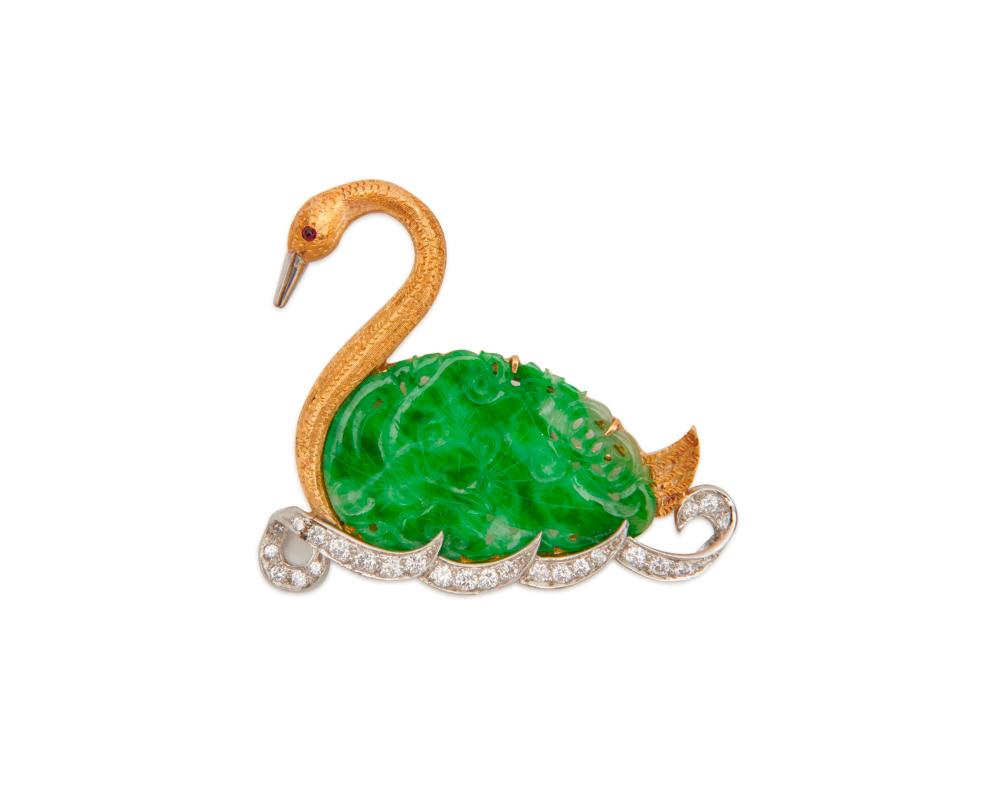 18K GOLD, PLATINUM, CARVED JADEITE,