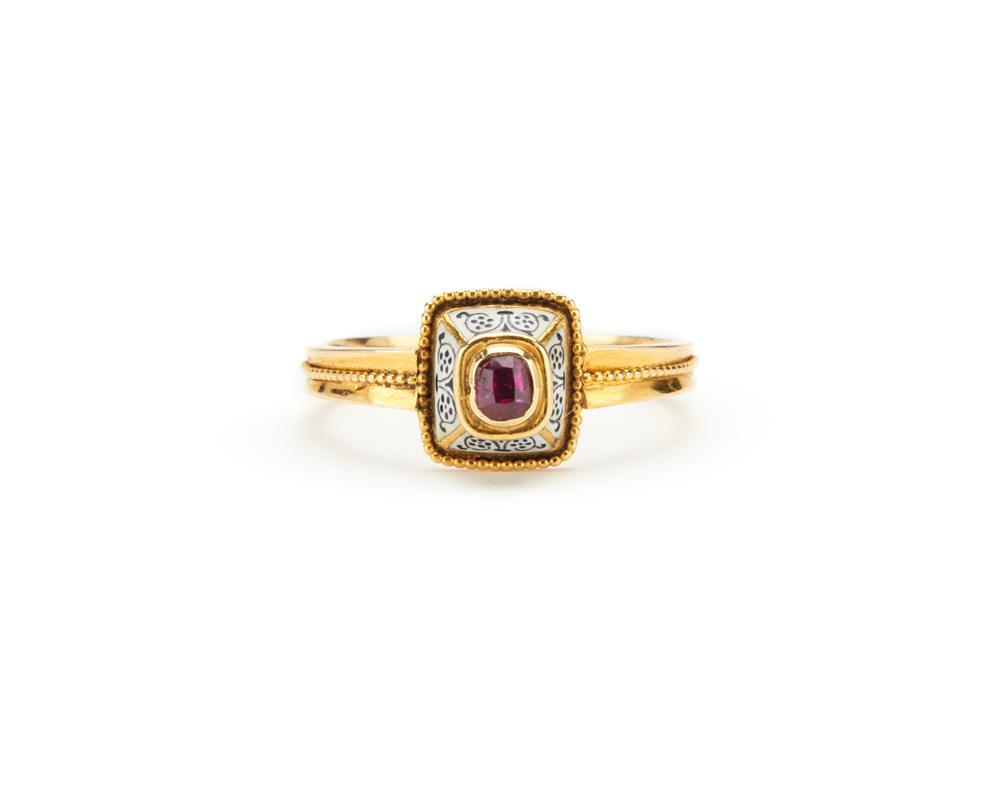 18K GOLD, RUBY, AND ENAMEL