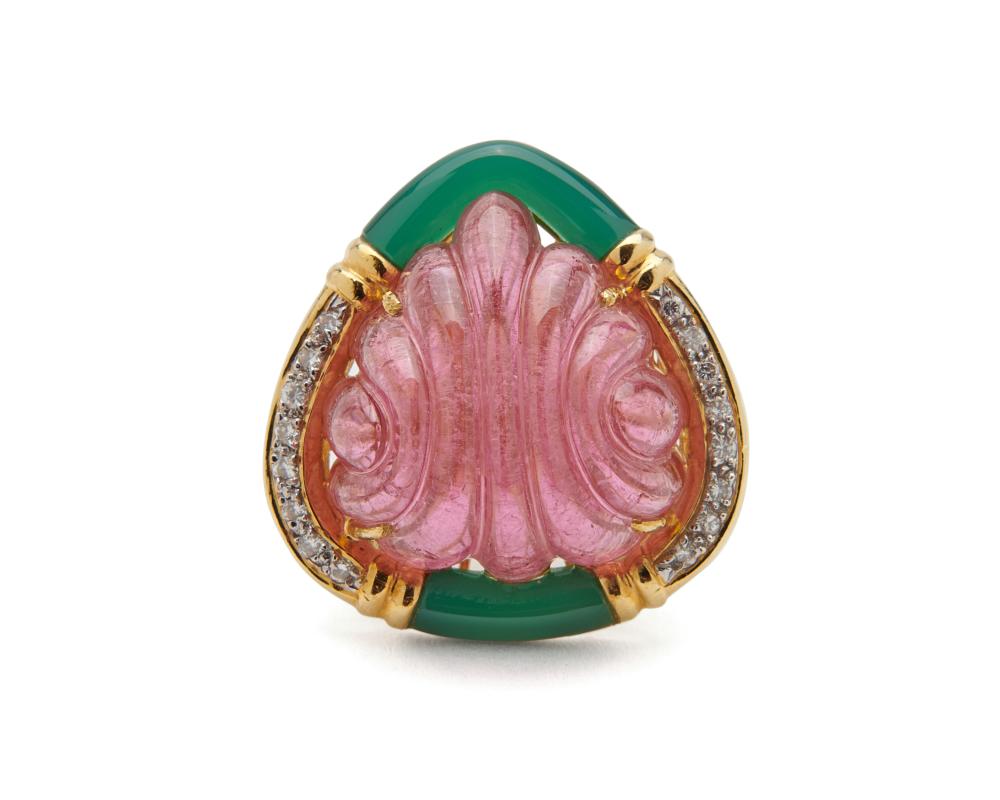 18K GOLD, TOURMALINE, CHALCEDONY,