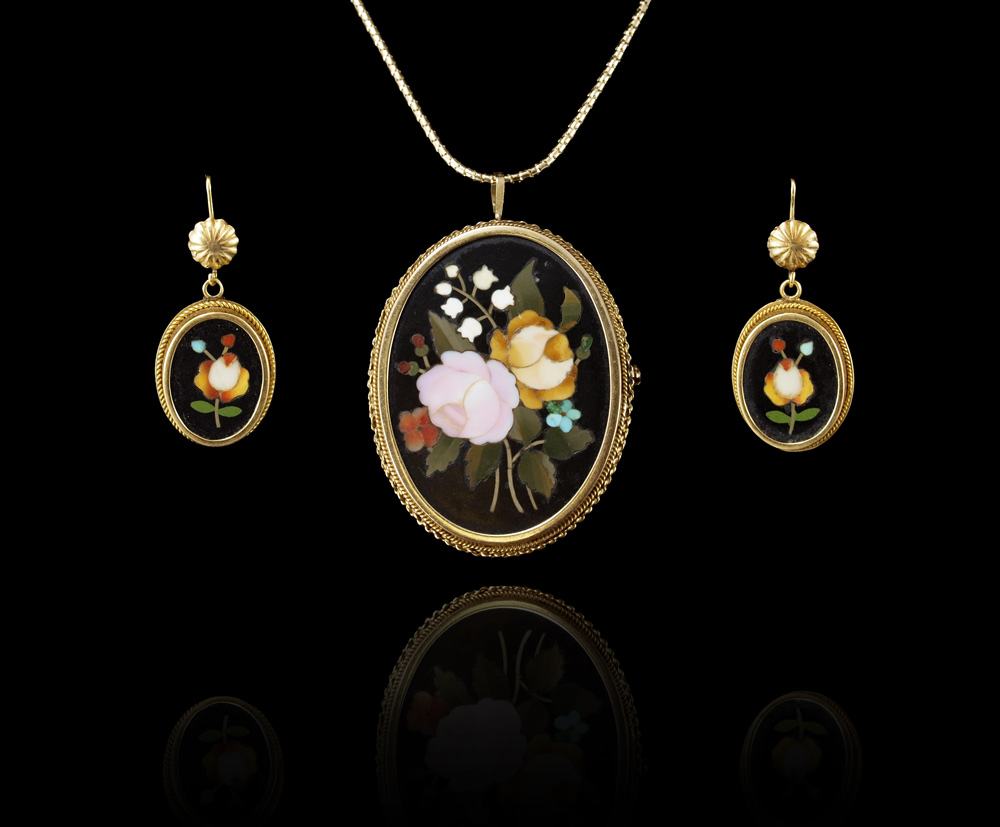 18K MOSAIC BROOCH/PENDANT EARRING