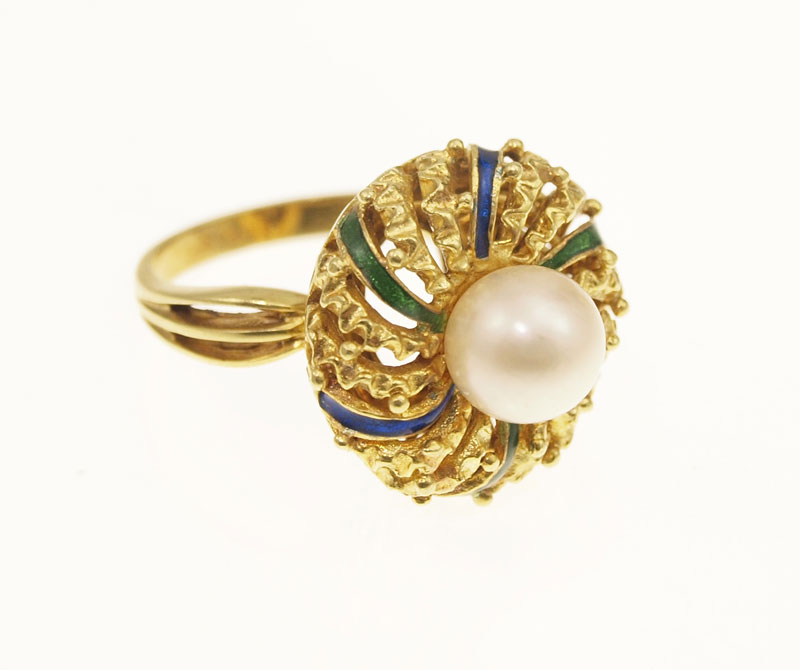 18K PEARL & ENAMEL FASHION RING: