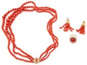 18K RED CORAL NECKLACE, RING,