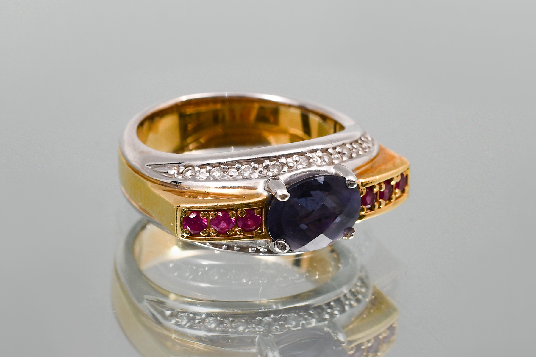 18K TWO-TONE GOLD IOLITE, RUBY, AND