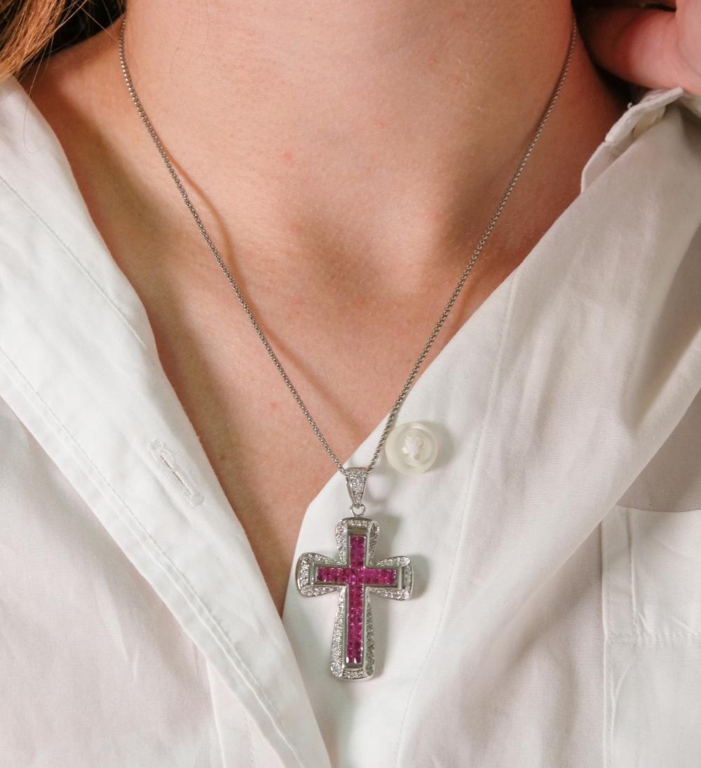 18K WG RUBY & DIAMOND CROSS PENDANT
