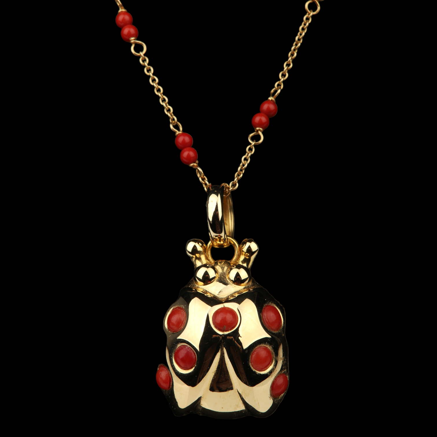 18K Yellow Gold and Coral Ladybug