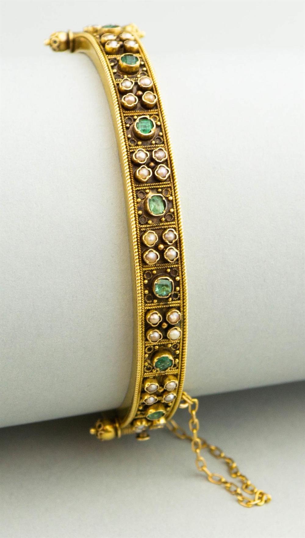 18K YELLOW GOLD EMERALD AND PEARL