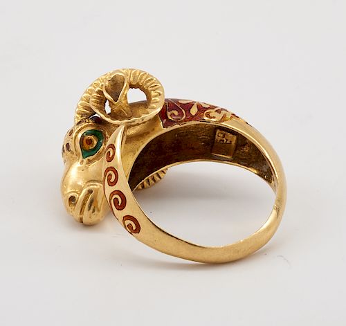 18K YELLOW GOLD ENAMELED RAM'S HEAD