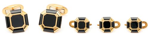 18K YELLOW GOLD & ONYX DRESS SET,