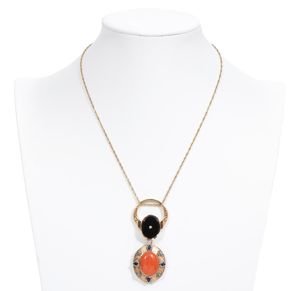 18K YG CORAL, ONYX, DIAMOND &