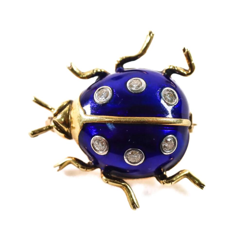 18K YG DIAMOND & BLUE ENAMEL