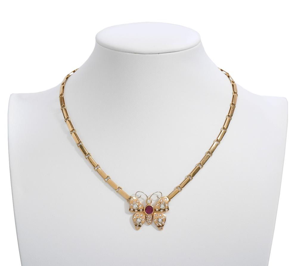 18K YG DIAMOND & RUBY BUTTERFLY