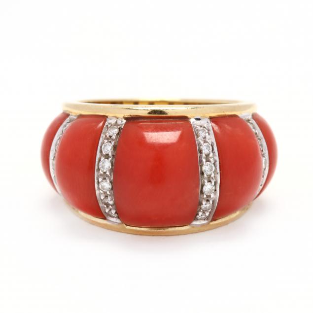18KT GOLD, CORAL, AND DIAMOND RING,
