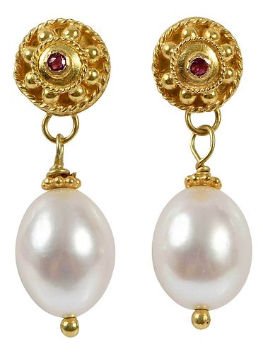 18KT. PEARL AND RUBY EARRINGSeach