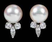 18KT. PEARL & DIAMOND EARCLIPS