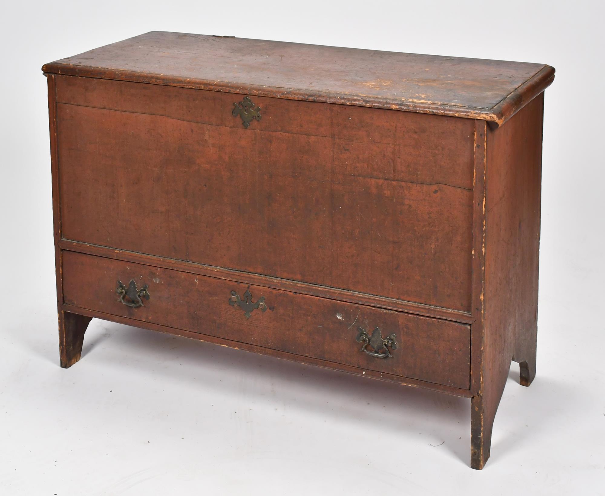 18TH C. BLANKET CHEST IN RED PAINT.