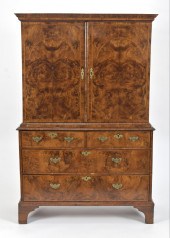 18TH C. BURL WALNUT CABINET ON
