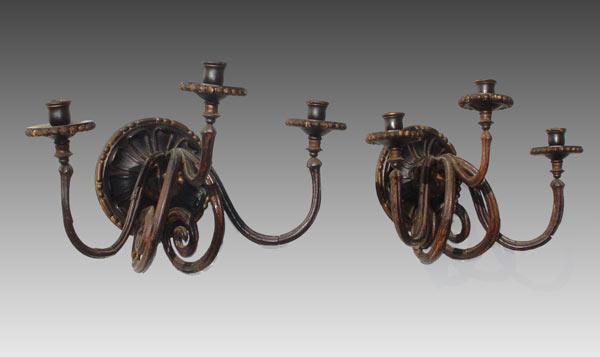18th C CARVED WOOD SCONCES: Three