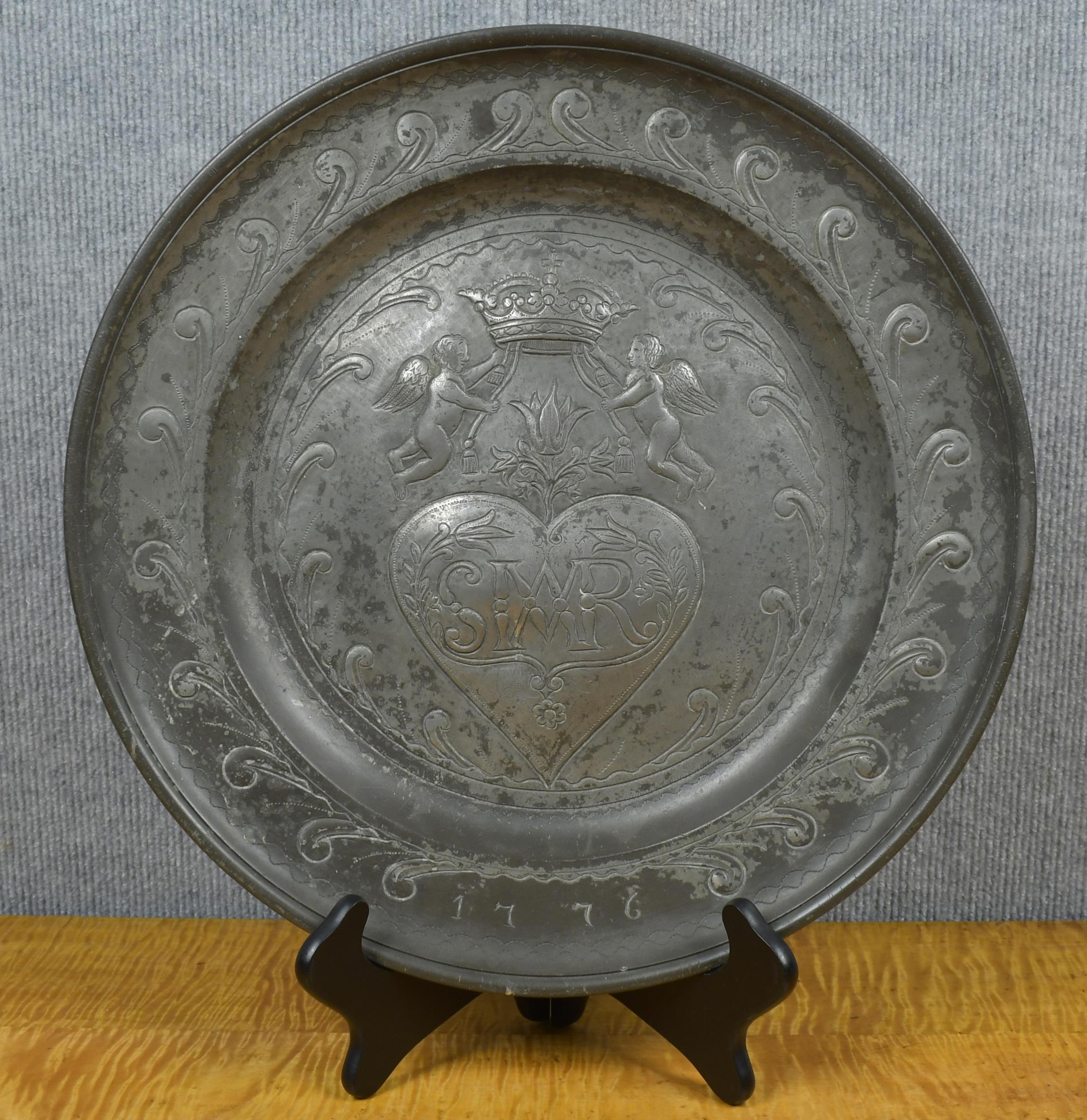 18TH C. EMBOSSED PEWTER CHARGER.