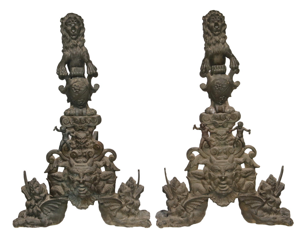18TH C. LION FIGURAL ANDIRONS Large