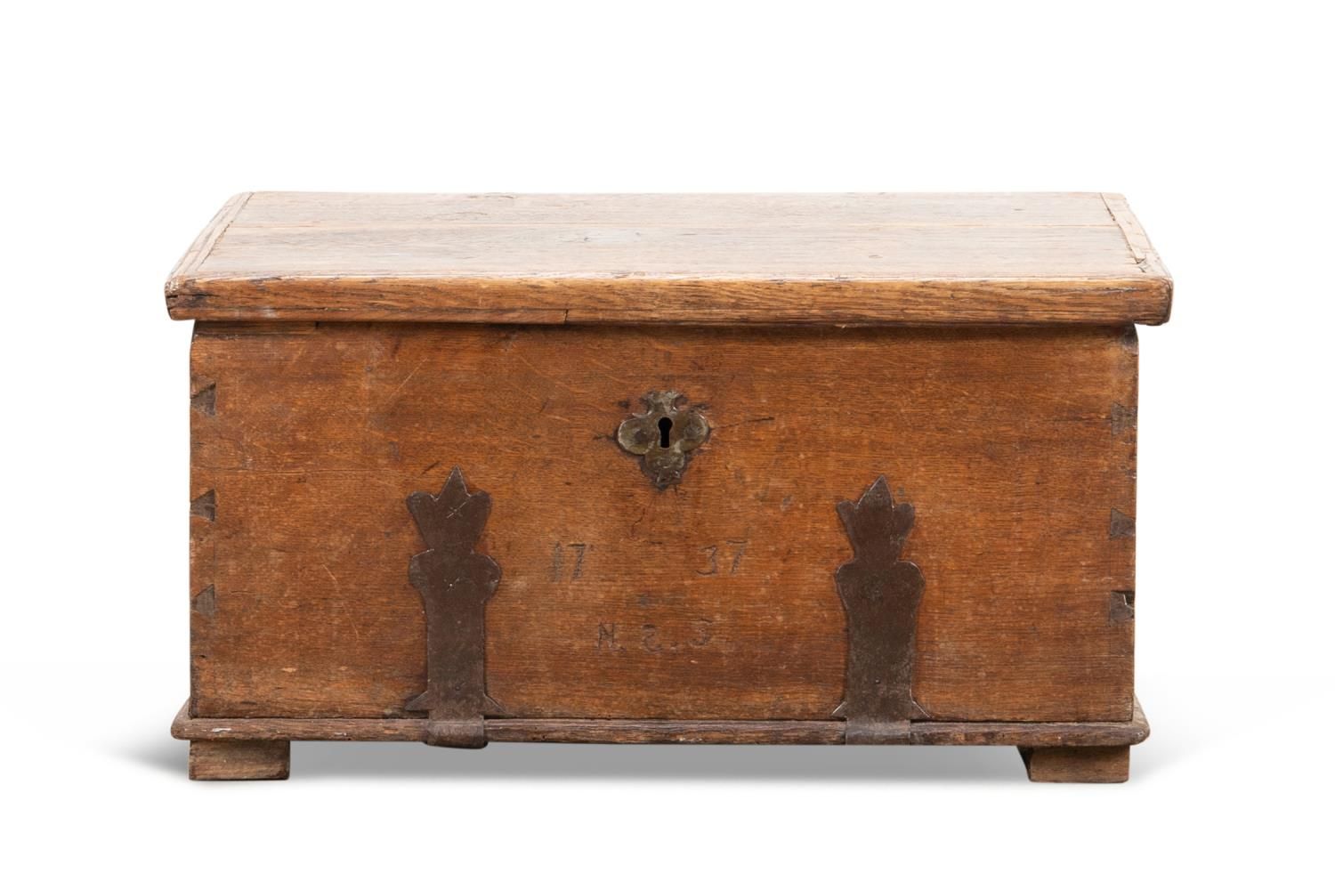 18TH C. OAK AND IRON MOUNTED STRONG