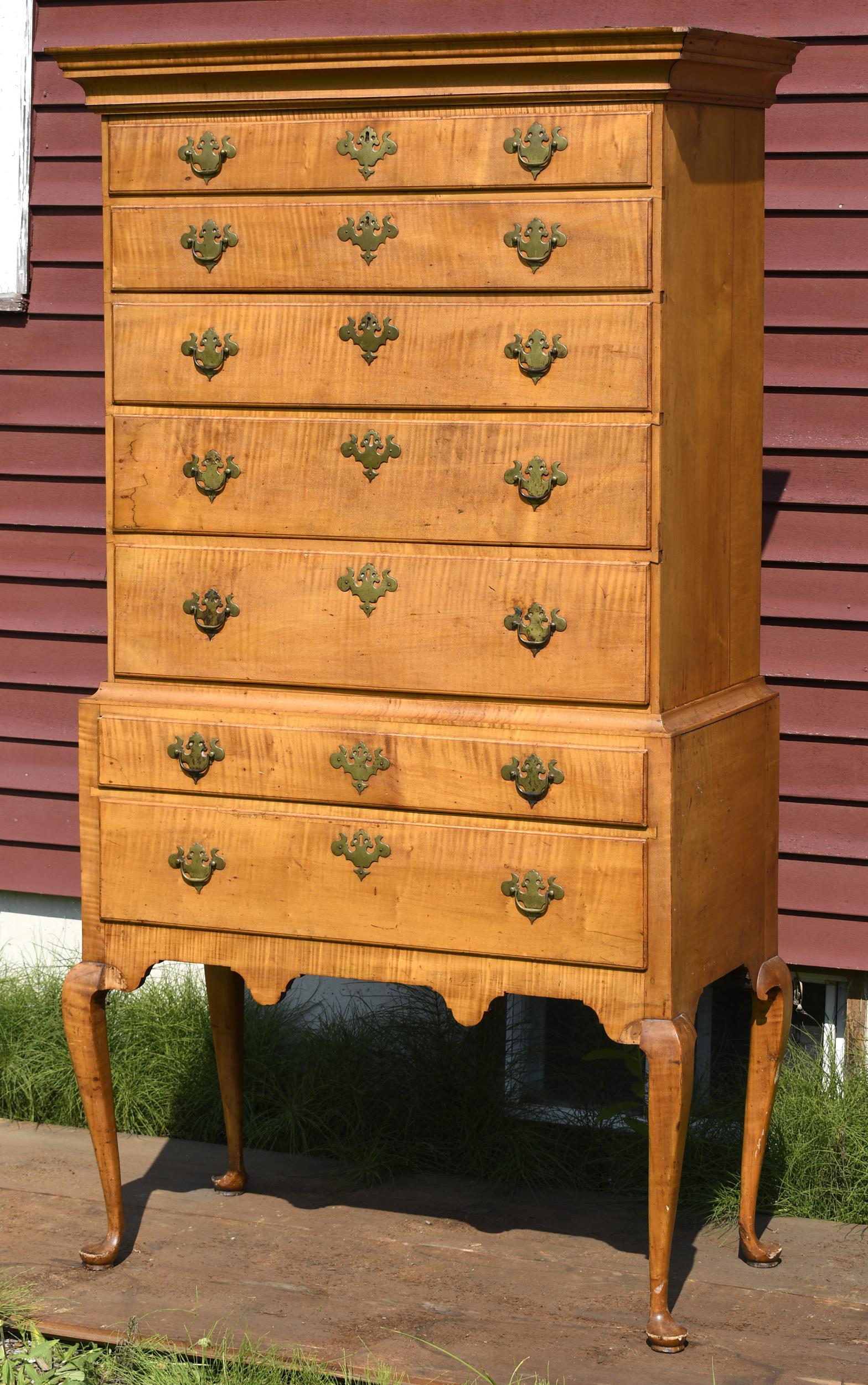 18TH C. QA CURLY MAPLE HIGHBOY. Ca.