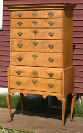18TH C. QA CURLY MAPLE HIGHBOY