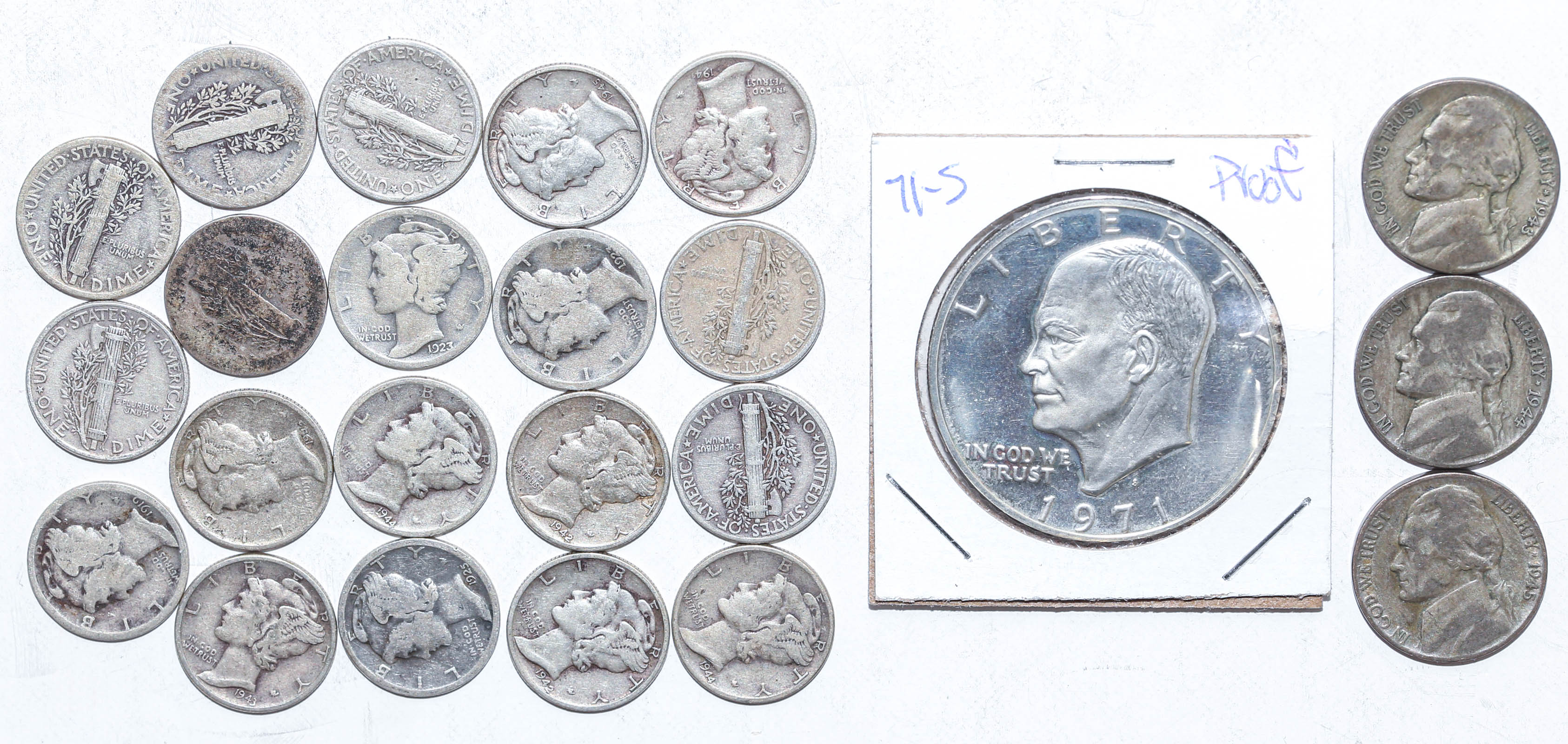 19 MERCURY DIMES, 71-S PROOF IKE, &