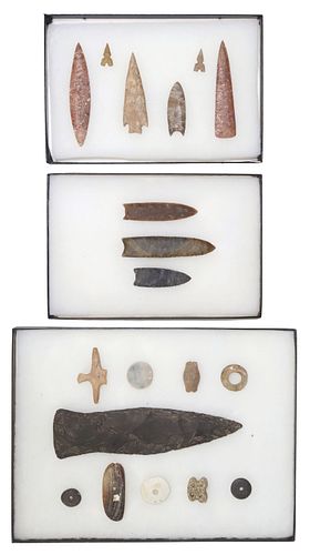 (19) STONE ARROWHEADS, SPEAR
