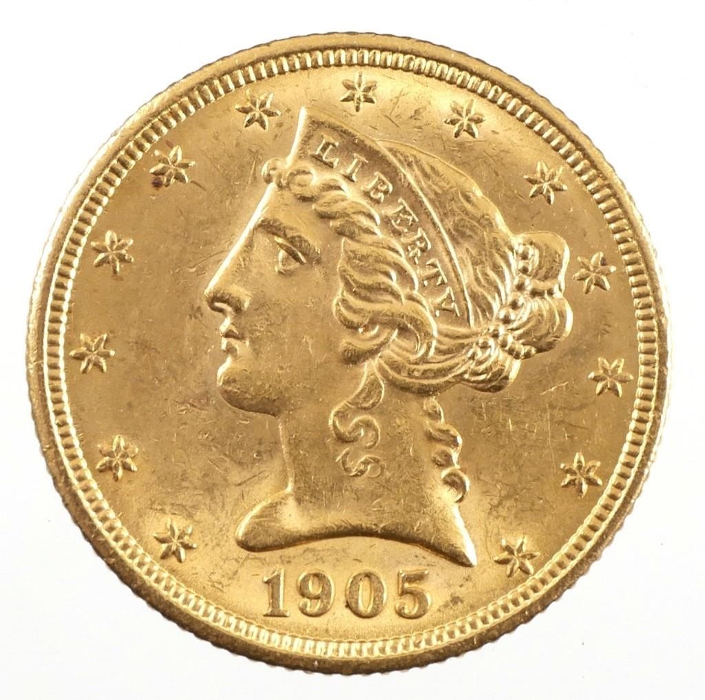 1905 US GOLD HALF EAGLE $5