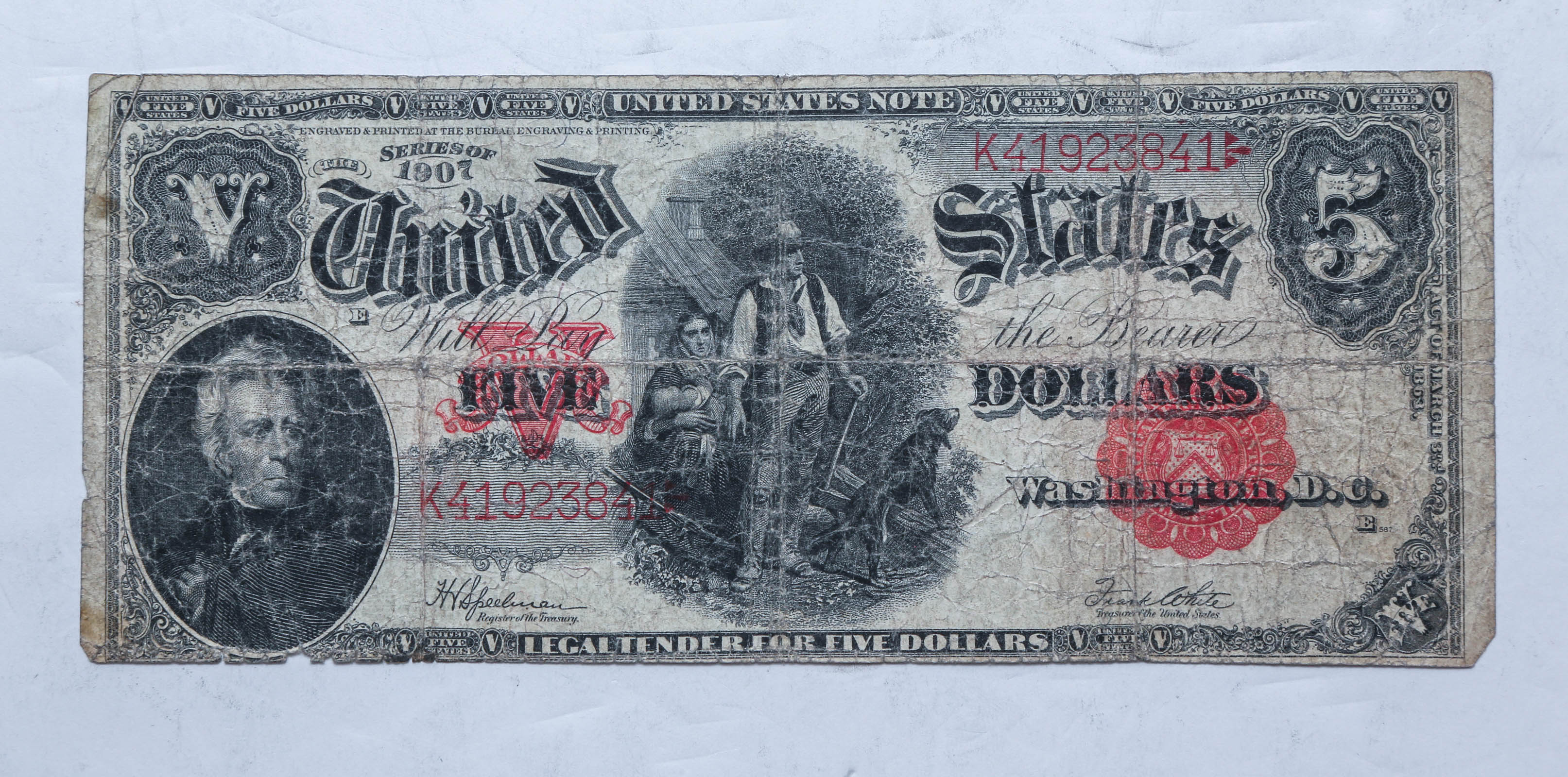 1907 $5 WOODCHOPPER NOTE FR-91 VG