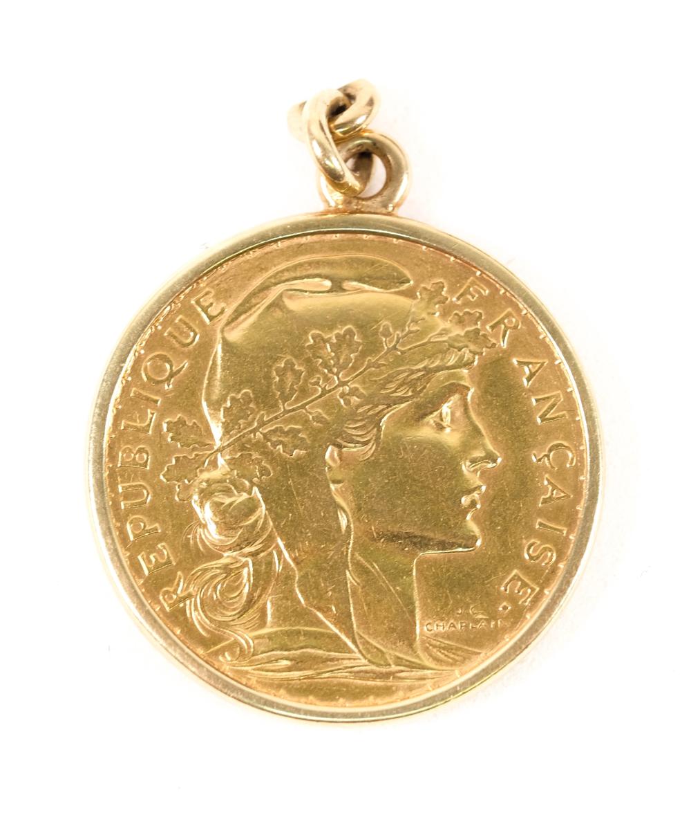 1907 FRENCH GOLD (.900) 20 FCS COIN