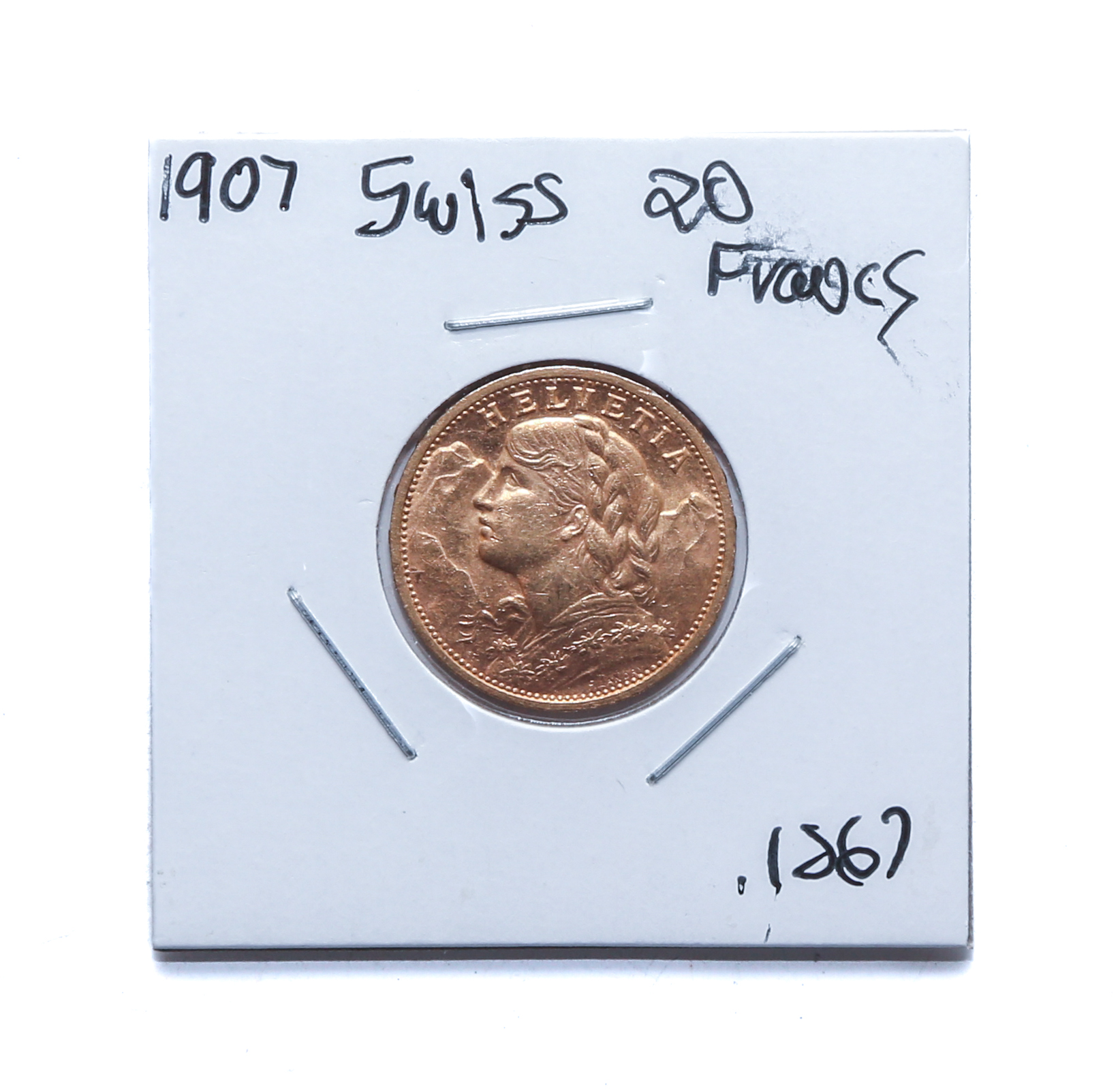 1907 SWISS GOLD 20 FRANCS BU AGW