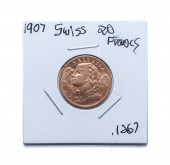 1907 SWISS GOLD 20 FRANCS BU A
