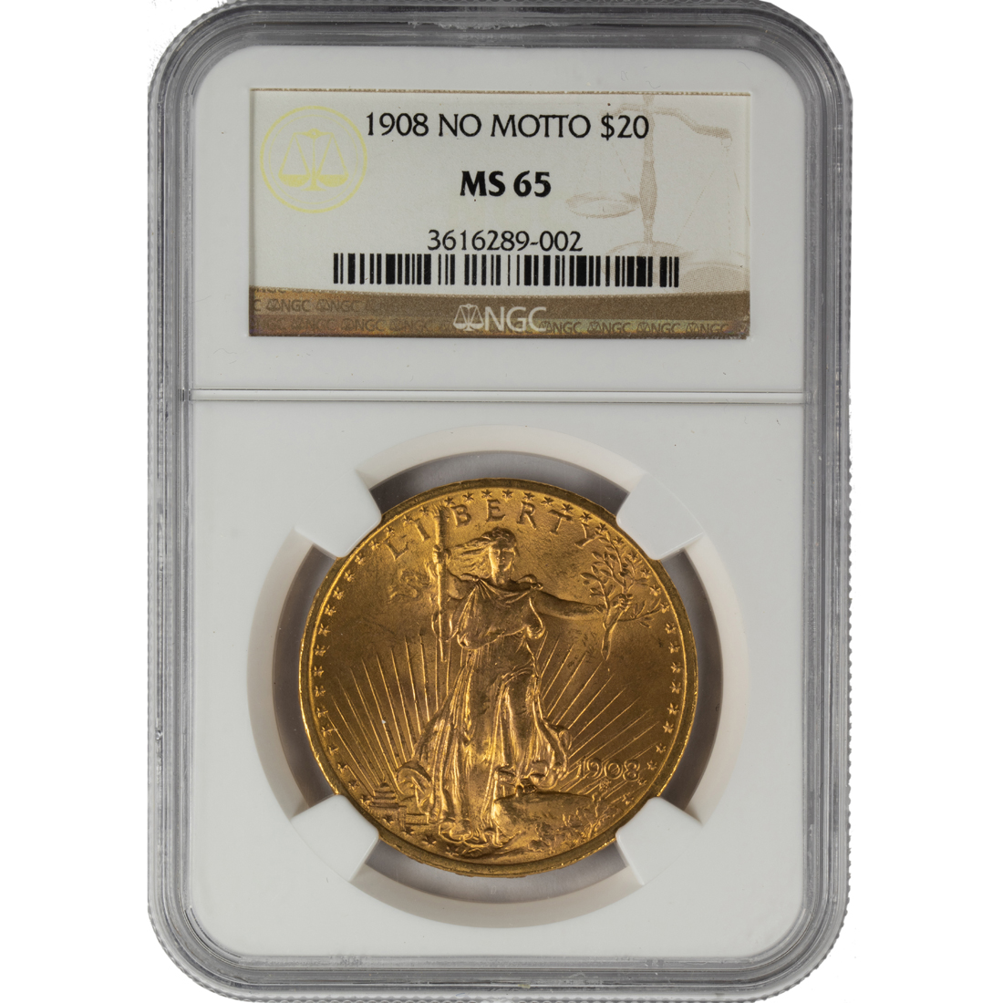 1908 NO MOTTO $20 GOLD ST 1908 No