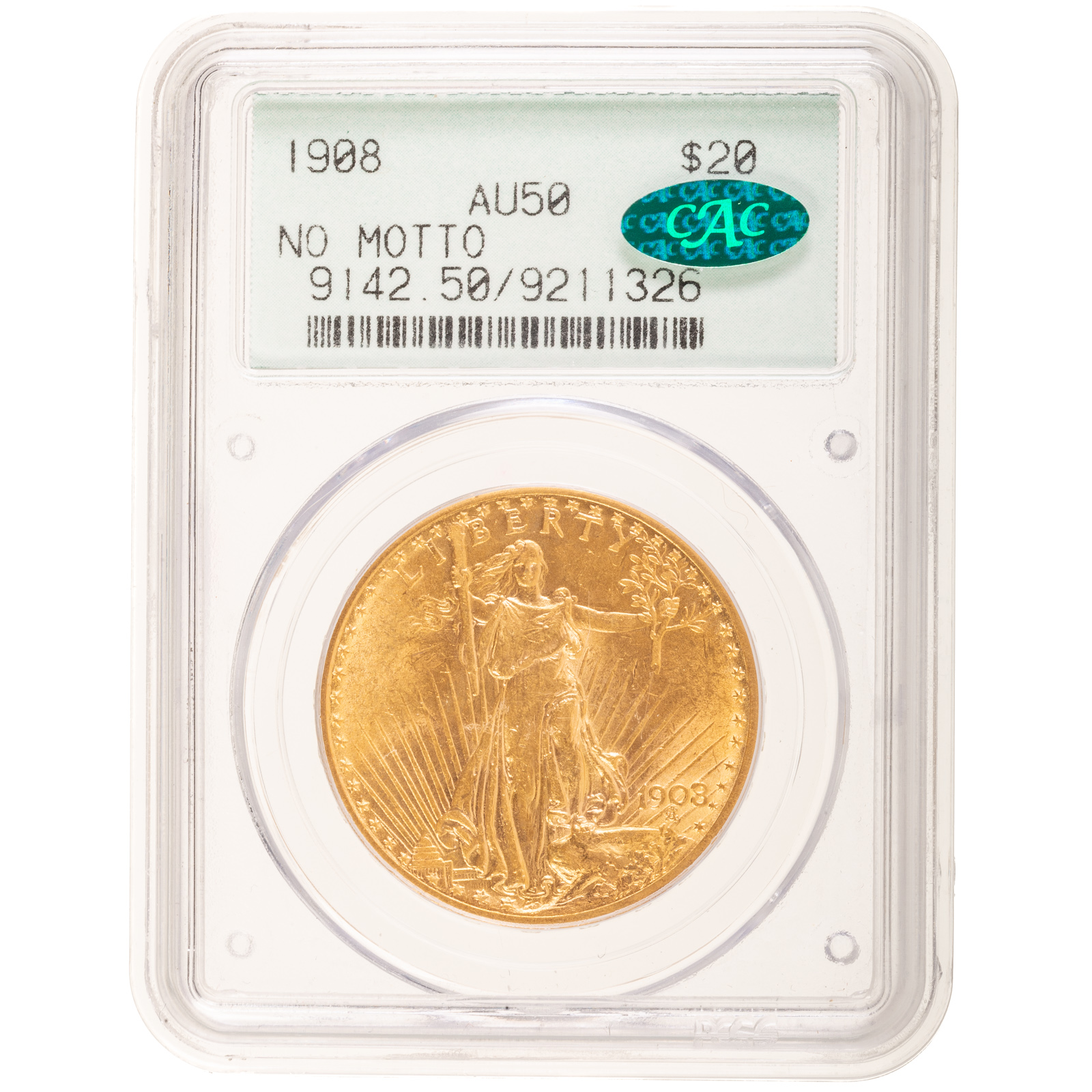 1908 NO MOTTO $20 SAINT PCGS AU50