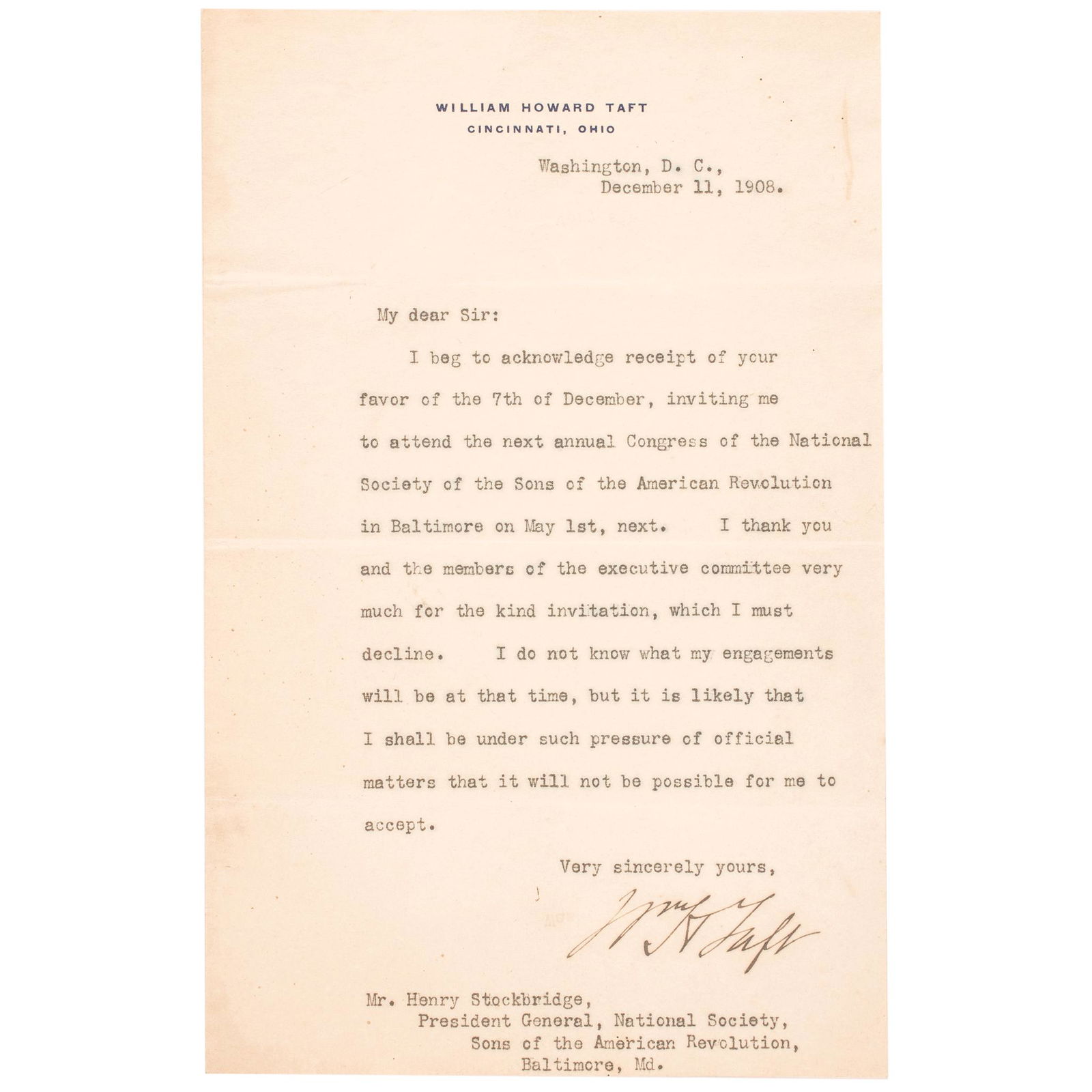 1908 WILLIAM HOWARD TAFT TYPED