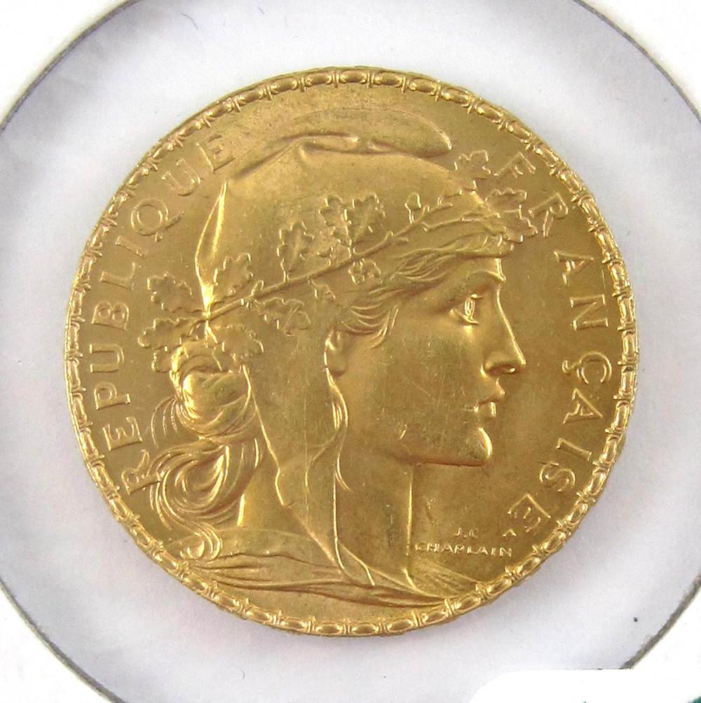 1909 FRENCH TWENTY FRANS GOLD