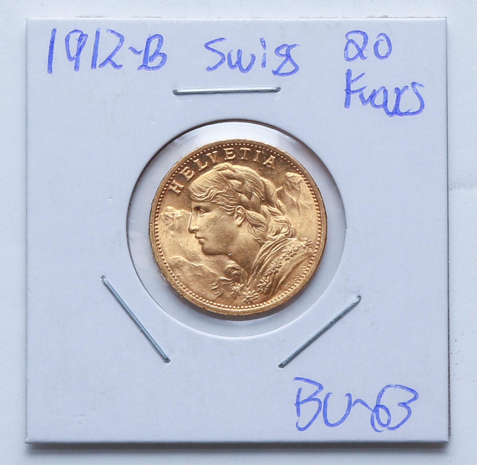 1912-B SWISS GOLD 20 CORONA BU