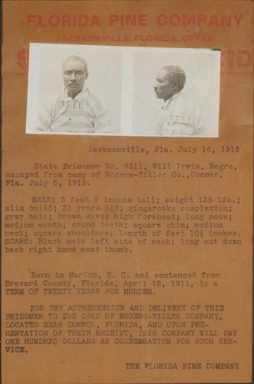 1913 FLORIDA WANTED POSTER, ESCAPED