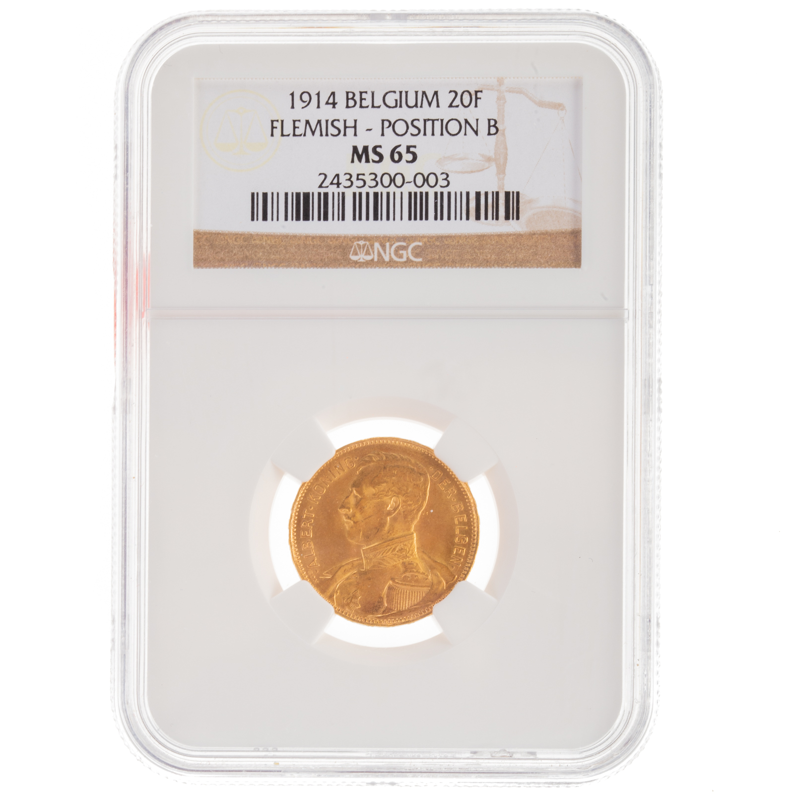 1914 BELGIUM GOLD 20 FRANCS NGC