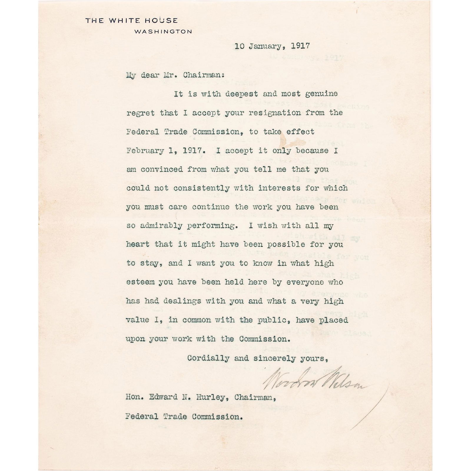 1917 WOODROW WILSON TYPED LETTER