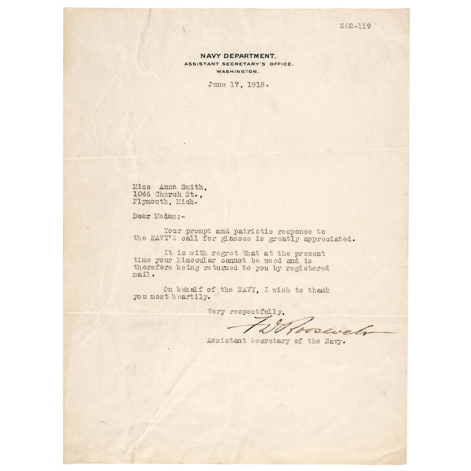 1918 FRANKLIN D. ROOSEVELT TYPED